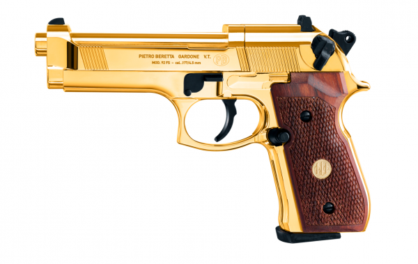 Beretta Mod. 92 FS, 4,5mm (.177) Diabolo, CO2, <4,0 Joule, 24 Karat vergoldet, Holzgriff