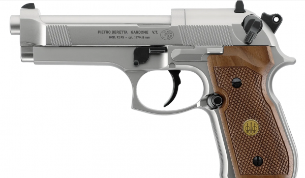 Beretta MOD. 92 FS, 4,5 mm (.177) Diabolo, CO₂, < 4,0 J, Nickel-Finish, Holzgriffschalen